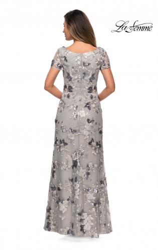 Picture of: Floral Short Sleeve Formal Dress with Scoop Neck in Silver, Style: 27991, Back Picture