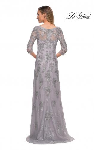 Picture of: Column Lace Mother of the Bride Dress with V Neckline in Silver, Back Picture