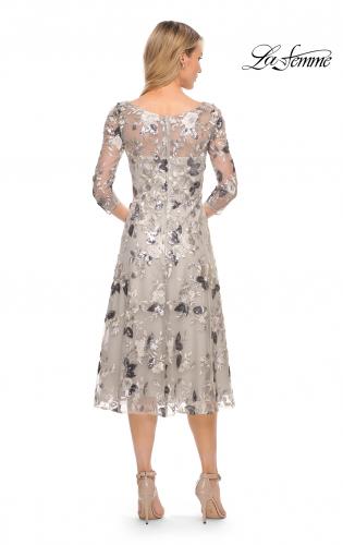 Picture of: Tea Length Lace and Sequin Embellished Dress in Silver, Style: 29988, Back Picture