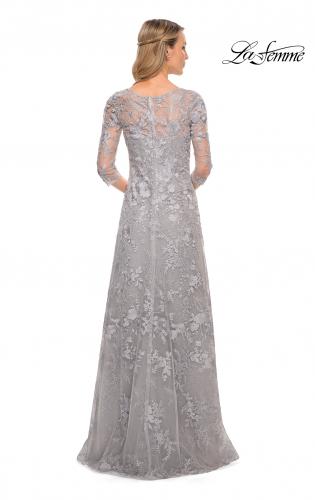 Picture of: Long Lace Evening Dress with V Neckline and Sleeves in Silver, Style: 29989, Back Picture