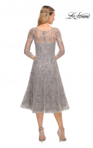 Picture of: Lace Tea Length Dress with Flare Skirt and High Neckline in Silver, Style: 30002, Back Picture