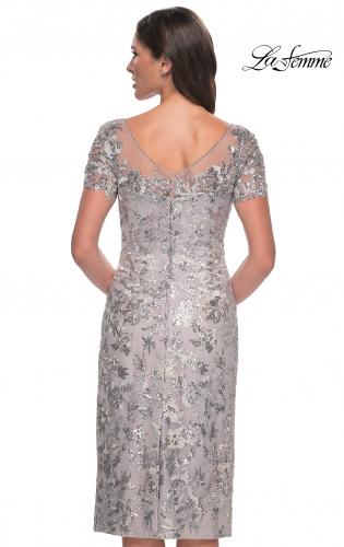 Picture of: Lace and Sequin Short Dress with Illusion Neckline in Silver, Style: 30854, Back Picture