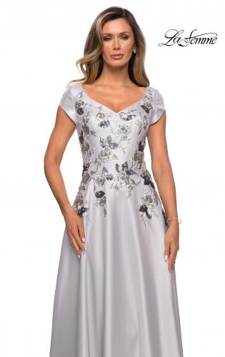 Picture of: Modern A-line Gown with Floral Bodice and Cap Sleeves in Silver, Style: 28105, Detail Picture 1