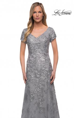 Picture of: Long Lace Mother of the Bride Gown with V Neckline in Silver, Detail Picture 1