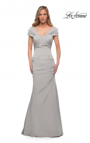 Picture of: Lovely Ruched Mermaid Satin Gown with Unique Neckline in Silver, Detail Picture 1