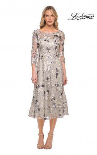 Picture of: Tea Length Lace and Sequin Embellished Dress in Silver, Style: 29988, Detail Picture 1