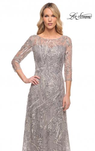 Picture of: Long Evening Gown with Unique Lace Beaded Design in Silver, Style: 30161, Detail Picture 1