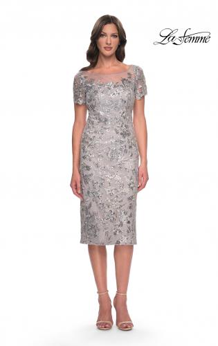 Picture of: Lace and Sequin Short Dress with Illusion Neckline in Silver, Style: 30854, Detail Picture 1