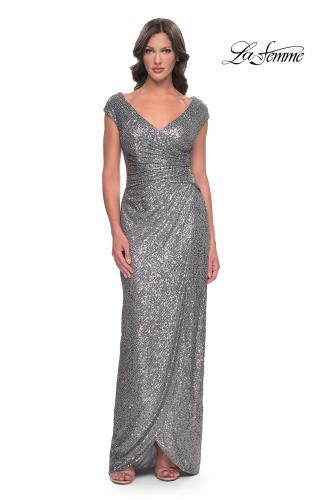 Picture of: Sequin Evening Dress with Ruching and V Neckline in Silver, Style: 30865, Detail Picture 1