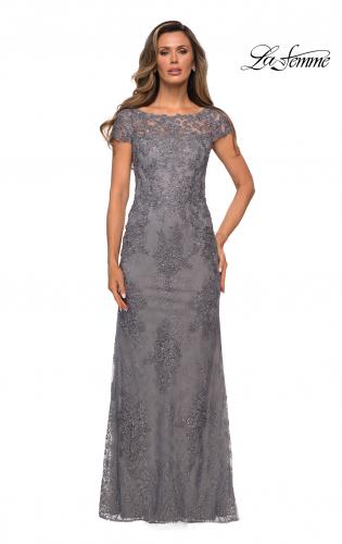 Picture of: Long Lace Evening Dress with Sheer Cap Sleeves in SIlver, Style: 27856, Detail Picture 2