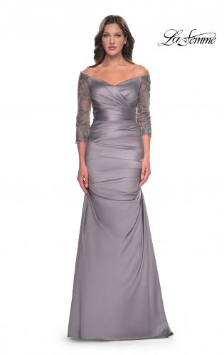 Picture of: Mermaid Satin Dress with Gathering and Off the Shoulder Top in Silver, Style: 30853, Detail Picture 3