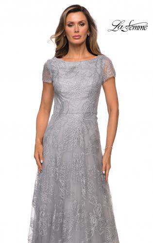Picture of: Sequin Lace A-line Gown with Sheer Short Sleeves in SIlver, Style: 27837, Detail Picture 4