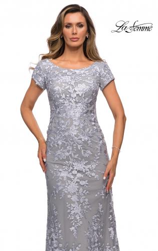 Picture of: Long Three Quarter Sleeve Floral Lace Evening Gown in SIlver, Style: 27842, Detail Picture 4