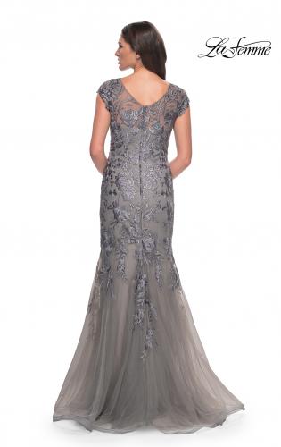 Picture of: Lace and Tulle Mermaid Gown with Cap Sleeves in Silver, Style: 30269, Detail Picture 4