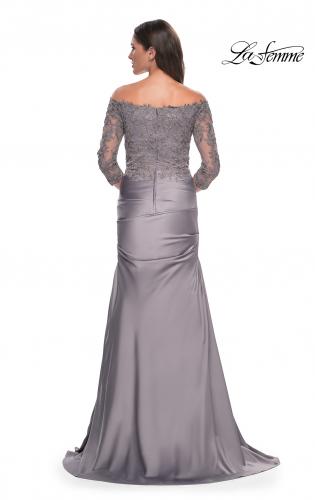 Picture of: Mermaid Satin Dress with Gathering and Off the Shoulder Top in Silver, Style: 30853, Detail Picture 4