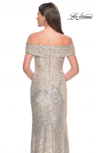 Picture of: Off the Shoulder Sequin Gown with Ruching in Silver, Style: 31772, Detail Picture 4