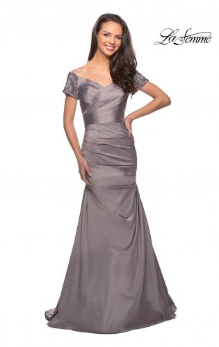 Picture of: Satin Off the Shoulder Dress with Beaded Sleeves, Style: 25996, Detail Picture 6