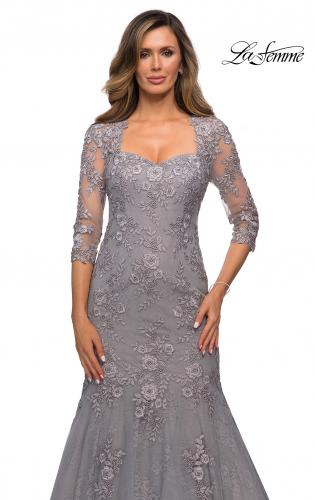 Picture of: Long Lace Mermaid Gown with Square Neckline in Silver, Style: 28033, Detail Picture 6