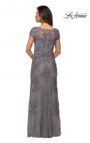 Picture of: Long Lace Evening Dress with Sheer Cap Sleeves in Silver, Style: 27856, Detail Picture 7