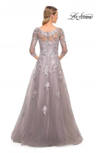 Picture of: Elegant A-Line Gown with Lace Applique and V Neck in Silver, Style: 30229, Back Picture