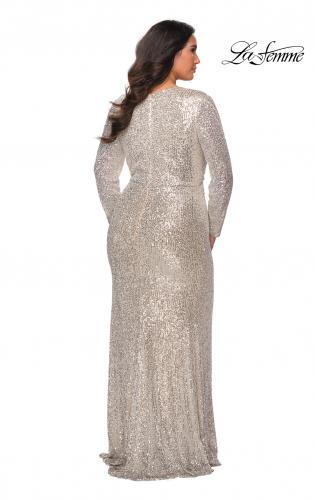Picture of: Long Sleeve Sequin Plus Size Prom Dress with Slit in Silver, Style: 28880, Back Picture