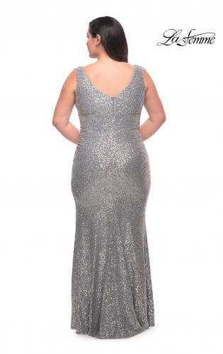 Picture of: Stretch Sequin Plus Size Gown with Slit and V Neck in Silver, Style: 30307, Back Picture