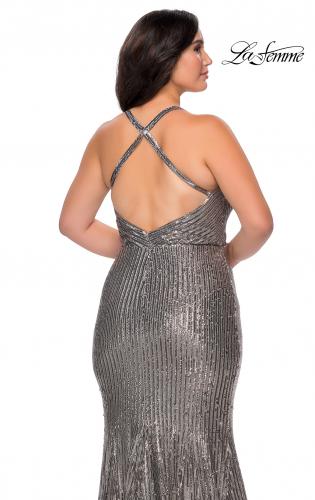 Picture of: Sequin Plus Size Prom Dress with Criss Cross Back in Silver, Style: 29051, Detail Picture 6