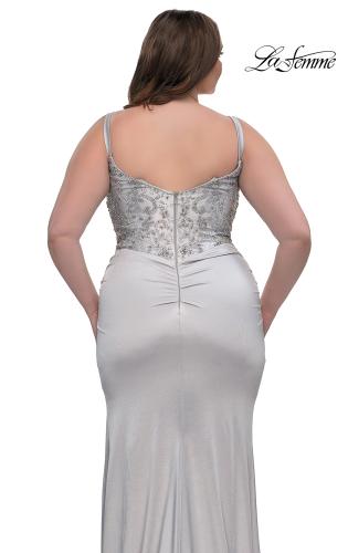 Picture of: Stretch Satin Plus Dress with Beautiful Rhinestone Designed Bodice in Silver , Style: 32430, Detail Picture 6