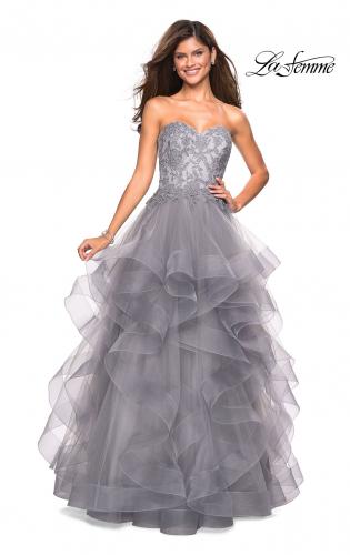 Picture of: Strapless Tulle Prom Gown with Lace Embellishments in Silver, Style: 27620, Main Picture