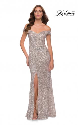 Picture of: Off the Shoulder Ruched Sequin Dress with Slit in Silver, Style 29831, Main Picture