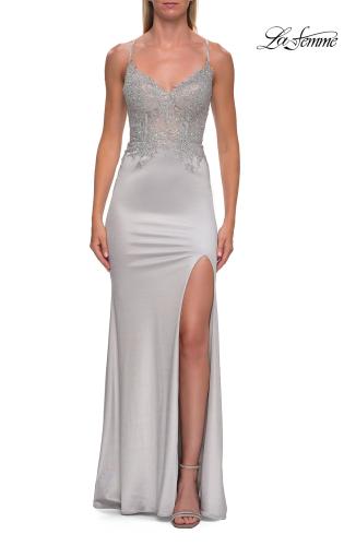 Picture of: Rhinestone Lace Bodice Gown with Slit and Lace-Up Back in Silver, Style: 33498, Detail Picture 9