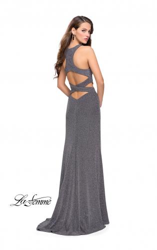 Picture of: Long Jersey Prom Dress with Cut Outs and Low Scoop Back in Silver, Style: 25422, Back Picture
