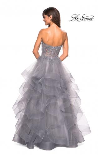 Picture of: Strapless Tulle Prom Gown with Lace Embellishments in Silver, Style: 27620, Back Picture