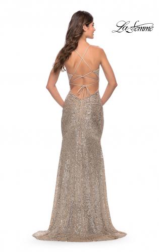 Picture of: Long Sequin Gown with Dramatic Flare Skirt and Slit in Silver, Style: 31140, Back Picture