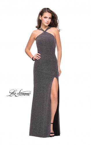 Picture of: Long Sparkly Dress with High Neckline and Side Slit in Silver, Style: 25346, Detail Picture 1