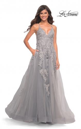 Picture of: Tulle Prom Dress with Lace Detail in Silver in Silver, Style: 30810, Detail Picture 1