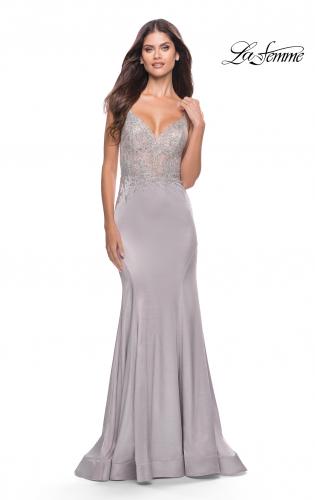Picture of: Chic Liquid Jersey Dress with Sheer Lace Bodice in Silver, Style: 31555, Detail Picture 1