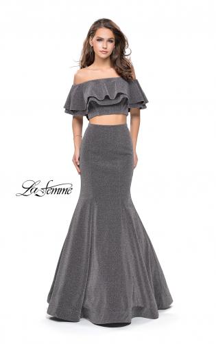 Picture of: Long Sparkling Off the Shoulder Jersey Prom Dress in Silver, Style: 26324, Detail Picture 2