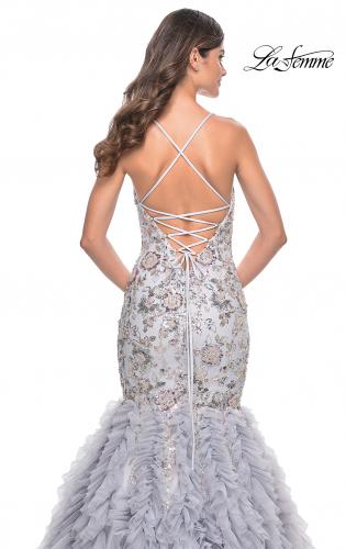 Picture of: Mermaid Beaded Floral Gown with Ruffle Detailed Skirt in Silver, Style: 32105, Detail Picture 2