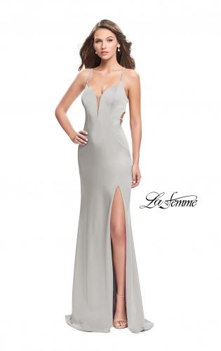 Picture of: Long Jersey Prom Dress with Plunging Neckline and Beading in Silver, Style: 25398, Detail Picture 3