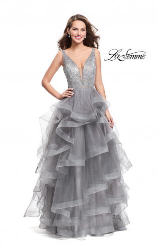 Picture of: Beaded Bodice Ball Gown with Tulle Skirt in Silver, Style: 26223, Detail Picture 3