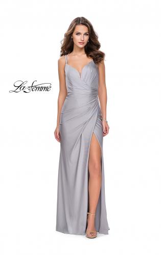Picture of: Long Jersey Prom Dress with Ruching Side Wrap Detail in Silver, Style: 26317, Detail Picture 3