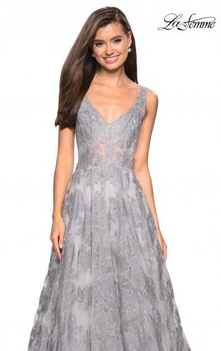 Picture of: Floral A Line Dress with Sheer Bodice and V Back in Silver, Style: 27505, Detail Picture 4