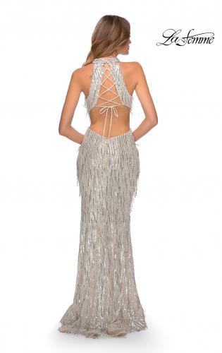 Picture of: High Neck Sequin Fringe Dress with Tie Up Back in Silver, Style: 28819, Detail Picture 4