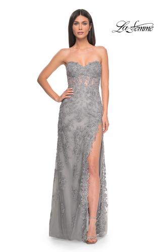 Picture of: Embroidered Lace Fitted Prom Dress with Lace Edge Slit in Silver, Style: 32013, Detail Picture 4