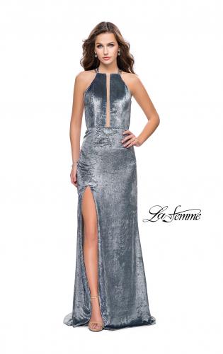 Picture of: Long Velvet Prom Dress with Leg Slit and Open Back in Silver, Style: 25861, Detail Picture 5