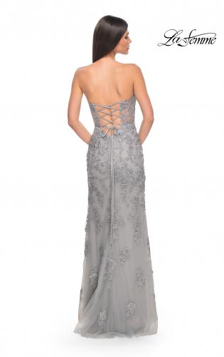 Picture of: Embroidered Lace Fitted Prom Dress with Lace Edge Slit in Silver, Style: 32013, Detail Picture 5
