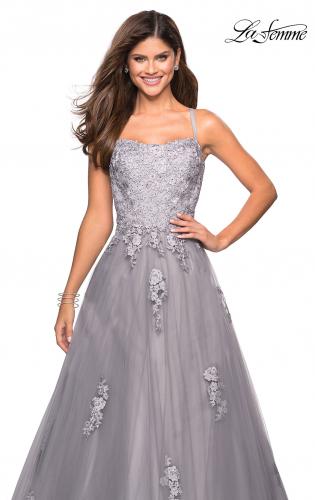 Picture of: Floor Length Tulle Ball Gown with Lace Accents in Silver, Style: 27441, Detail Picture 6