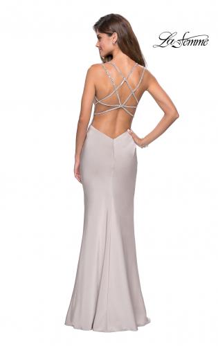 Picture of: Form Fitting Prom Dress with Slit and Beaded Straps in Silver, Style: 27519, Detail Picture 6