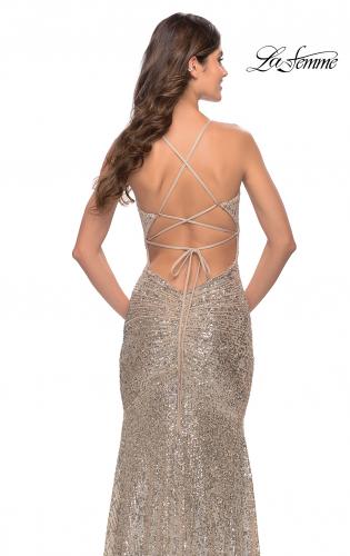 Picture of: Long Sequin Gown with Dramatic Flare Skirt and Slit in Silver, Style: 31140, Detail Picture 7